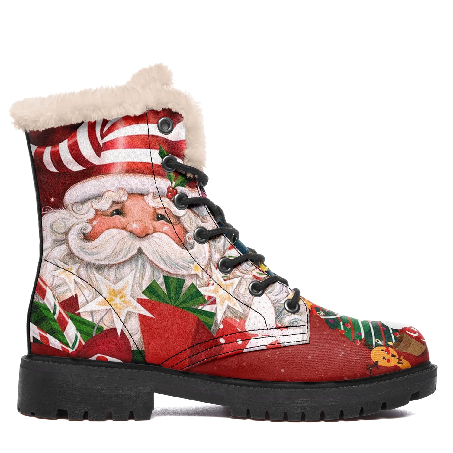 女性のための冬のブーツ、カスタム クリスマス ブーツ サンタ クロース プリント レディース ファー裏地付きレースアップ アンクル ブーツ 
